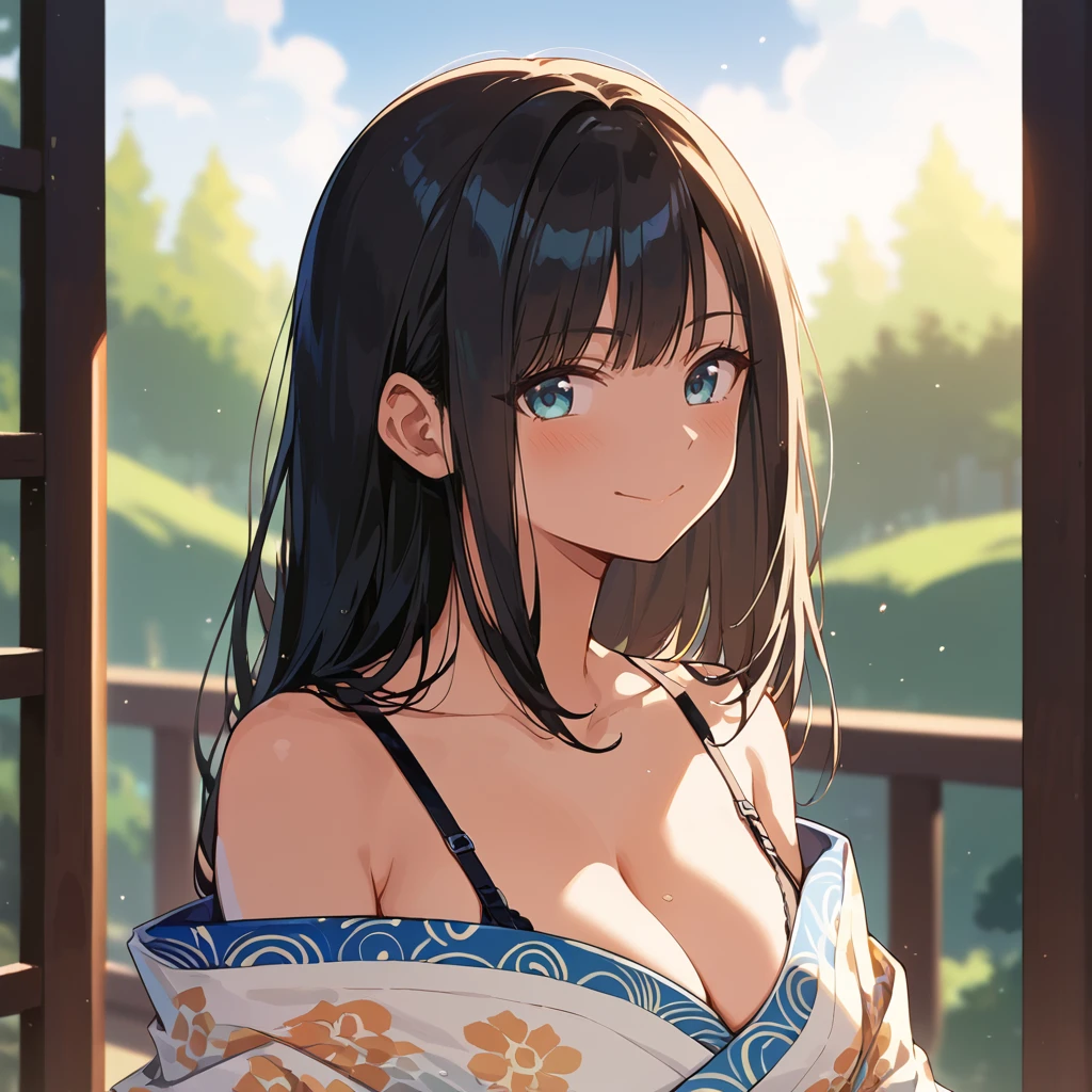 (score_9,score_8_up,score_7_up,score_6_up),masterpiece,best quality, source anime, rating_explicit, (((masterpiece))), (((best quality))), ((ultra-detailed)), ((illustration)), (1girl), (beautiful Japanese woman), (long black hair), (blue eyes), (simple background), (wearing traditional kimono), (detailed face), (perfect anatomy), (detailed light and shadow), (serene expression), (minimalist style),(cleavage:1.1),((shy smile)), (eyeshadow:0.8), digital collaring, (Sun glare;1.2), Bokeh, Depth of written boundary, Blurred Background, Particles of light, Strong winds, glossy skin, spotlight, natural right, (iridescent light:1.5), wearing black bra