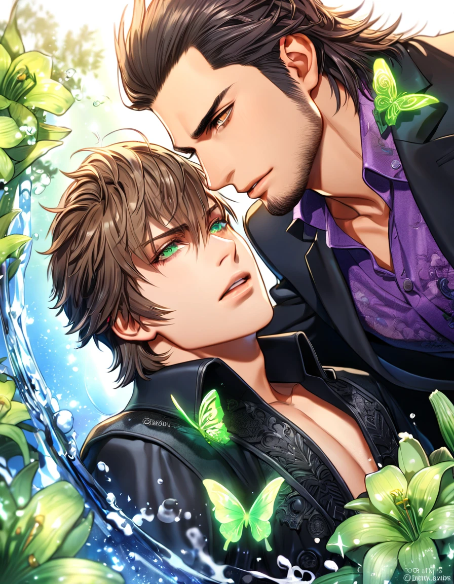 absurdres, highres, ultra detailed, HDR, master piece, best quality, extremely detailed, Ignis Scientia, brown hair, slicked up hair, expressive green eyes, Final Fantasy XV, Gladiolus Amicitia, brown hair, expressive brown eyes, two sexy men together, gay couple, yaoi, handsome, black jacket, purple shirt, black gloves, fantasy, magic, sparkling, water, moon, green flowers, green butterflies