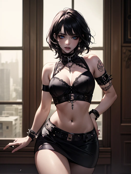 (masterpiece:1.2, highest quality), (realistic, photorealistic:1.4), beautiful illustrations, (natural side lighting, movie lighting),
looking at the viewer, Upper body, (Front view), 1 girl, perfect face, Cute symmetrical face, shiny skin, baby face, long eyelash, (large breasts), (wide hips:1.5),short cut hair,
beautiful hair, beautiful face, detailed and beautiful eyes, beautiful body, beautiful breasts, beautiful thighs, beautiful feet, beautiful fingers,
(beautiful scenery),(cute smile:1.3, upper eye), 18yo,pale skin,a woman in black corset and goth hair, with piercings, 1girl, solo, black hair, short hair, ring,(pierce:1.5),(punk style:1.5),(gothic dress),(black lips:1.7),side layered skirt,black bra,(gulp down blood from one's mouth:1.2)
