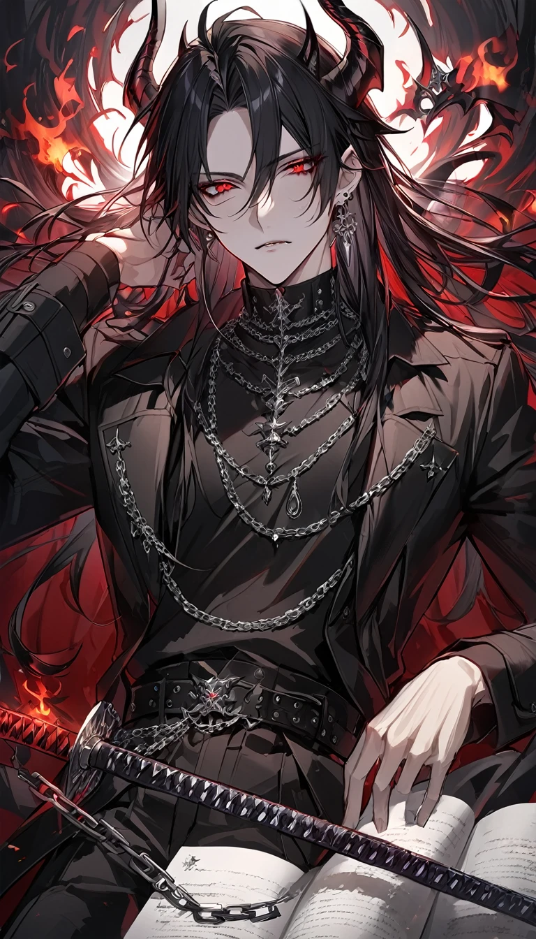 alone, good looking, 1 male, Long hair, Middle parted, Black hair, Red eyes, Black shirt, White Thailand, Black Trench Coat, Royal Silver Jewellery, Royal Demon Earrings, Black horns, Demon Crown, Demonic Katana, Chain, On Back, Demonic Black flames Aura, vtuber Character Design sheet