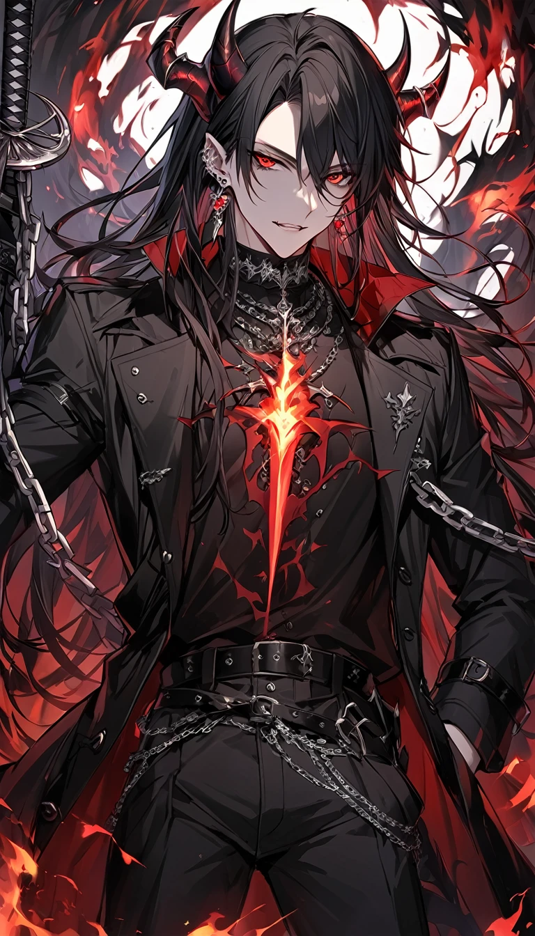 alone, good looking, 1 male, Long hair, Middle parted, Black hair, Red eyes, Black shirt, White Thailand, Black Trench Coat, Royal Silver Jewellery, Royal Demon Earrings, Black horns, Demon Crown, Demonic Katana, Chain, On Back, Demonic Black flames Aura, vtuber Character Design sheet
