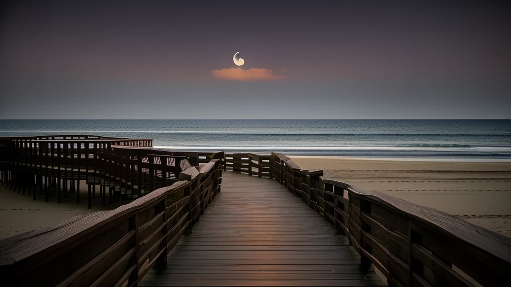 View of the beach of Arafido，Wooden walkway leading to the sea, walking towards the full moon, looking at the full moon, Beautiful moonlight, White moon landscape on sandy beach, Stunning moonlight and shadows, Moonlight at night, Dreamy atmosphere of a moonlit night, Full moon buried in sand, Dramatic moonlight, beautiful moonlight night, Moonlight glow, Dramatic moonlightの照明