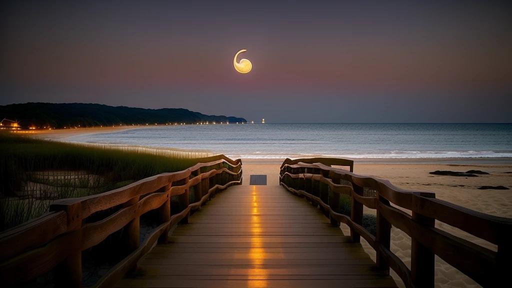 View of the beach of Arafido，Wooden walkway leading to the sea, walking towards the full moon, looking at the full moon, Beautiful moonlight, White moon landscape on sandy beach, Stunning moonlight and shadows, Moonlight at night, Dreamy atmosphere of a moonlit night, Full moon buried in sand, Dramatic moonlight, beautiful moonlight night, Moonlight glow, Dramatic moonlightの照明