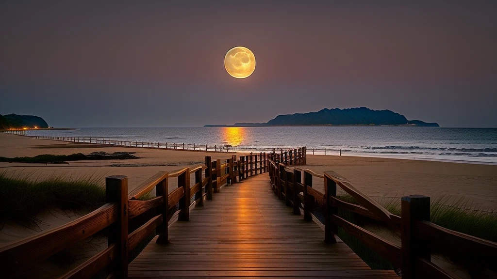 View of the beach of Arafido,Wooden walkway leading to the sea, walking towards the full moon, looking at the full moon, Beautiful moonlight, White moon landscape on sandy beach, Stunning moonlight and shadows, Moonlight at night, Dreamy atmosphere of a moonlit night, Full moon buried in sand, Dramatic moonlight, beautiful moonlight night, Moonlight glow, Dramatic moonlightの照明