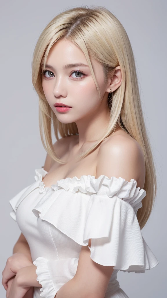 (((forehead、White Blonde Hair、Northern Europe、White people、beautiful girl、Blonde、White background、Frills、race、slit、Off the shoulder、See-through)))、table top, highest quality, figure, super detailed, finely, High resolution, 8k wallpaper, Perfect dynamic composition, detailed and beautiful eyes, Deco out,bionde, medium hair, , Natural color lip,white background, random cute poses,frill dress