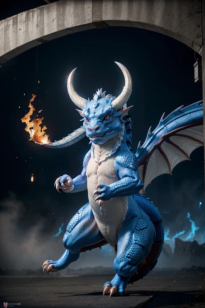 Blue white dragon, Claw, Red eyes, Masterpiece,
Best Quality, ultra detailed, photorealistic, extremely delicate,
(Dragon Chino:1.2), Long body, flying,
roar, breathing flames,
dynamic angle, intense angle, cinematic lighting,