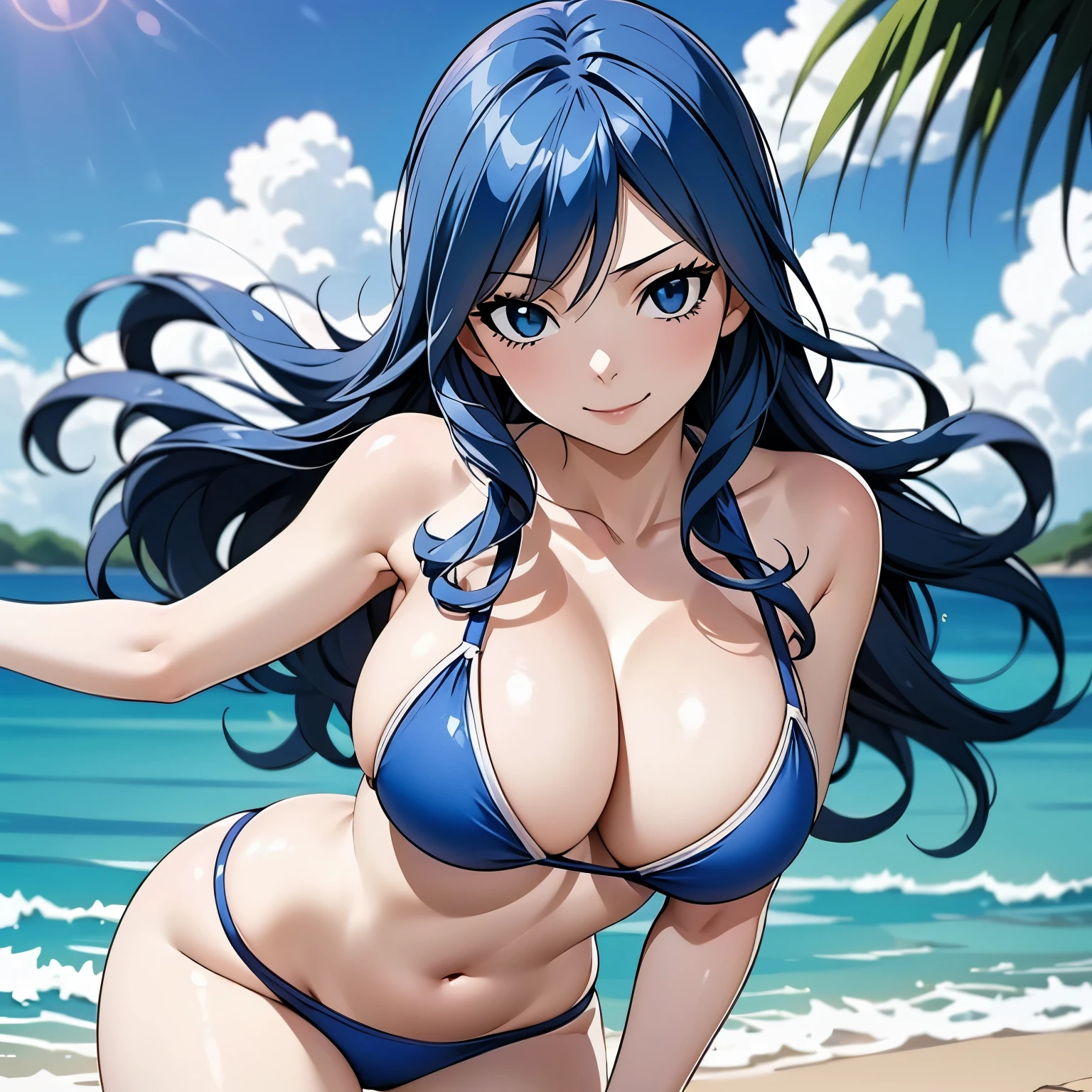 Juvia Lockser, 25 year old woman. wavy blue hair, blue eyes, big breasts, mischievous smile, Bikini , background a tropical beach.