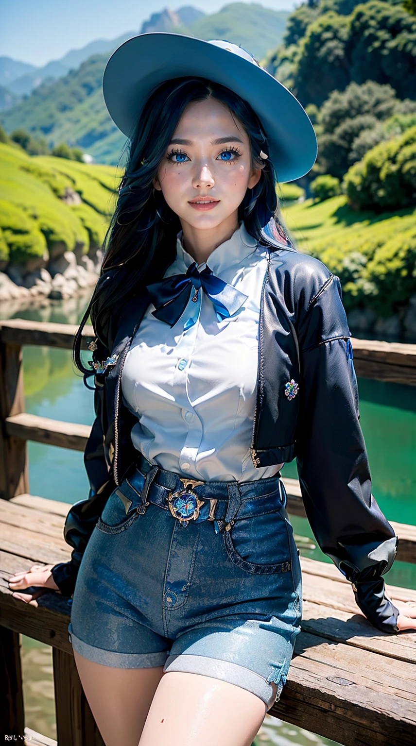 mesa, better quality, very detailed, shining bright, shining light, ray tracing, nffsw, depth of field,RAW photos、realist、16K、 (perfect face, detailed face, detailed eyes,perfect hands),(medium chest:1.2),16K,hard disk,Um rosto ultrarrealist,ray tracing,perfect lighting,better quality, very detailed, bright eyes, (looking at viewer,Open your mouth and smile:1.1), ((1 woman)), (mature woman:1.4),cowboy shot,thighs thighs thighs thighs,stupid po,
Purina,long hair,((gradient hair)),multicolored eyes, gradient eyes, (bright eyes:1.5), Mascara, (fashion makeup), chapped lips,blush,shirt, Gloves, long sleeves, He has,pleasure,jacket, shirt branca, flower,shorts, 검은 Gloves,escort, thigh straps, jacket azul, brooch, jewel, blue hat, blue flower, White shorts, He has flower, blue rose, Inclined He has, 푸른 jewel, blue scarf
((In the middle of the Japanese countryside,Japanese Language Schools,through the bridge,Rio,벚flower나무,벚flower flower잎,dark blue sky,sichuan carp)),(complex background, many background elements:1.2),((very detailed 배경)), lover'pose, ((16K Wallpaper)),