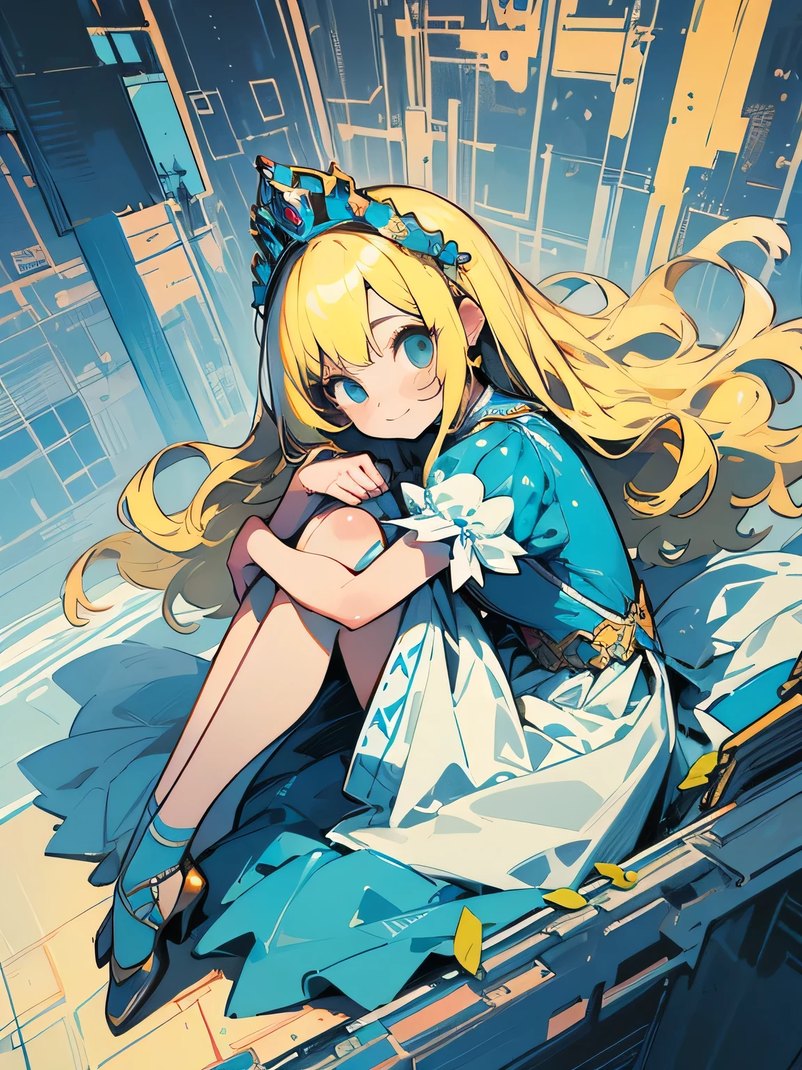 from above:1.3, sideview, looking at viewer,dutch angle,close up girl,cute blonde princess hair, cute tiara, princess, princess clothes, gentle smile, fancy fantasy scenery,(hugging own legs),fullbody,