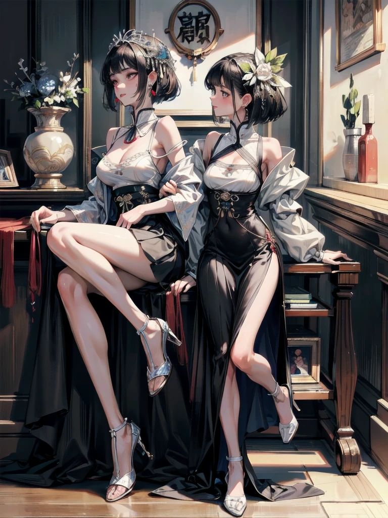absurdres, RAW photo, extremely delicate and beautiful, masterpiece, Best Quality, ultra high resolution, 32k, hyperrealistic, ultra-detailed, delicate facial features, beautiful detailed woman, tearful mole, earring, medium breasts, (full body shot), medium hair, black hair, jiangshi, long skirt, 2 girls,