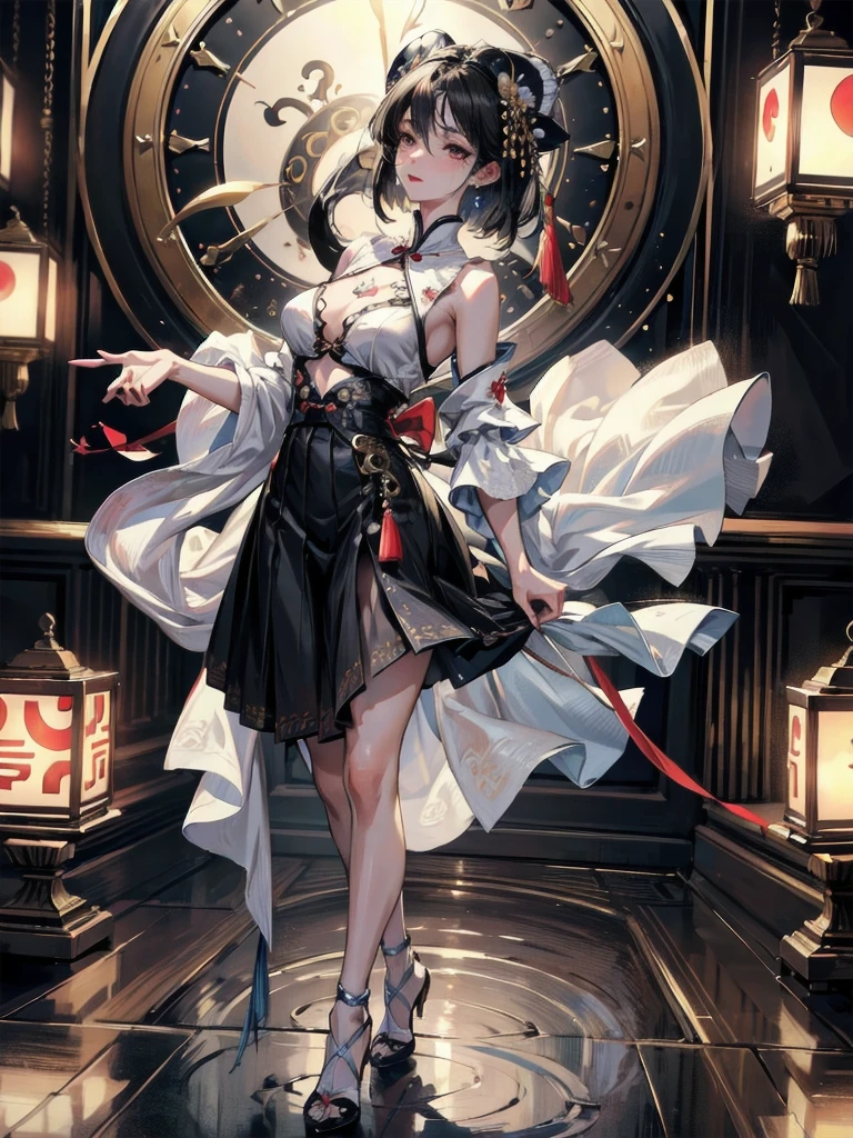 absurdres, RAW photo, extremely delicate and beautiful, masterpiece, Best Quality, ultra high resolution, 32k, hyperrealistic, ultra-detailed, delicate facial features, beautiful detailed woman, tearful mole, earring, medium breasts, (full body shot), medium hair, black hair, jiangshi, long skirt, 2 girls,