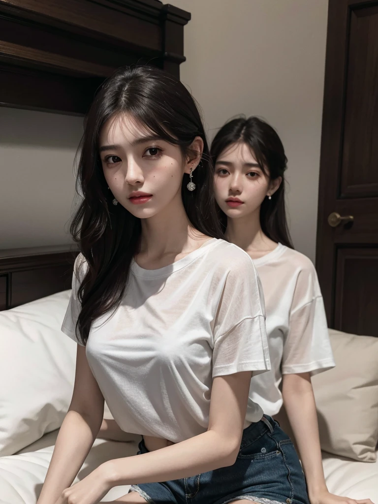absurdres, RAW photo, extremely delicate and beautiful, masterpiece, Best Quality, ultra high resolution, 32k, hyperrealistic, ultra-detailed, delicate facial features, beautiful detailed woman, tearful mole, earring, medium breasts, full body shot, medium hair, black hair, cap, T-shirt, baggy shorts, 2 girls,