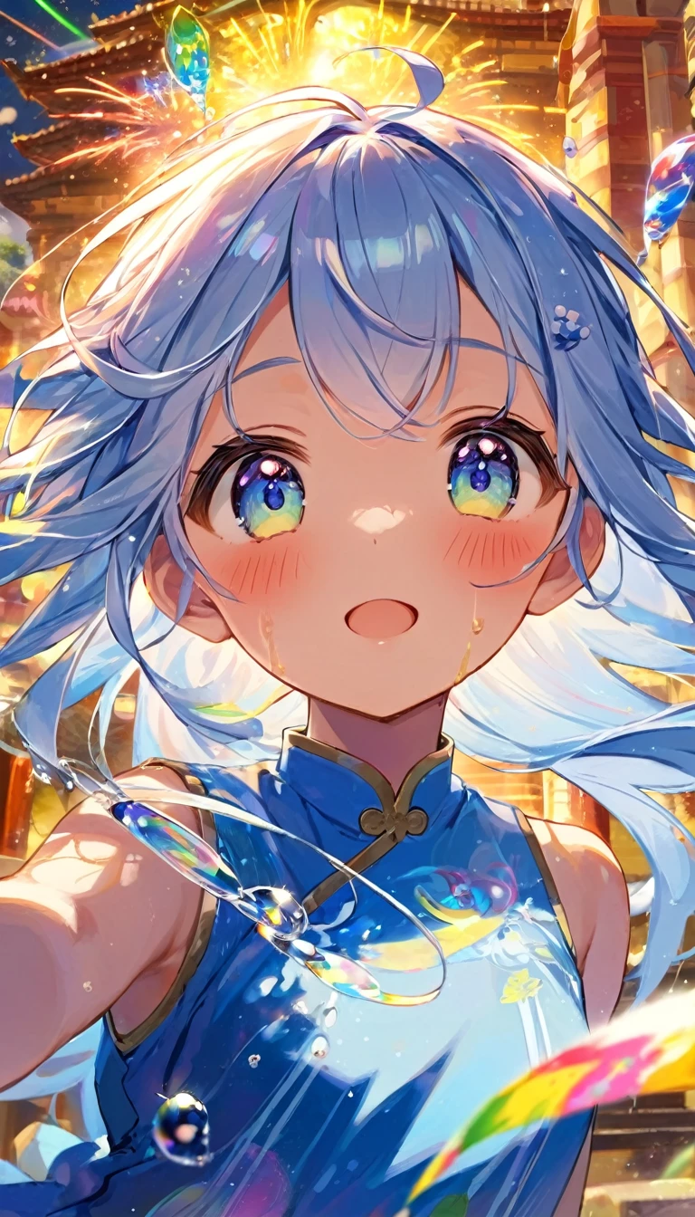 masterpiece, best quality, extremely detailed, (illustration, official art:1.1), 1 girl ,(((( light blue long hair)))), ,(((( light blue long hair)))),light blue hair, long hair ((blush)) , cute face, big eyes, masterpiece, best quality,(((((a very delicate and beautiful girl,))))),Amazing,beautiful detailed eyes,blunt bangs、((((little delicate girl)))),tareme(true beautiful:1.2), sense of depth,dynamic angle, ,flat chest, Tanabata、Strip、Bamboo leaf、Stripに願いをこめて、Stripを持っている、Grilling in a yukata,fluid,Particles of light, dream-like,Sparkling,dream-like glow,Paint drips,oil,strong stroke,Paint drips,Splash Paint Drop, oil,(Abstract:1.2)A girl made up of(Tanabataライトトレース:1.25),Change to (Radioluminescence light tracking) Style Fireworks,(Cowboy Shot,Above Knee Portrait:1.25),Temple Fair,Summer festival,Shining in rainbow colors、16K, Ultra-high resolution, to be born,wonderful ,future、Iridescent、The world 30 years from now。