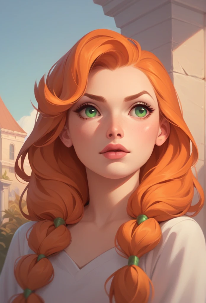 A fire girl with green eyes,long orange hair and peachy lips