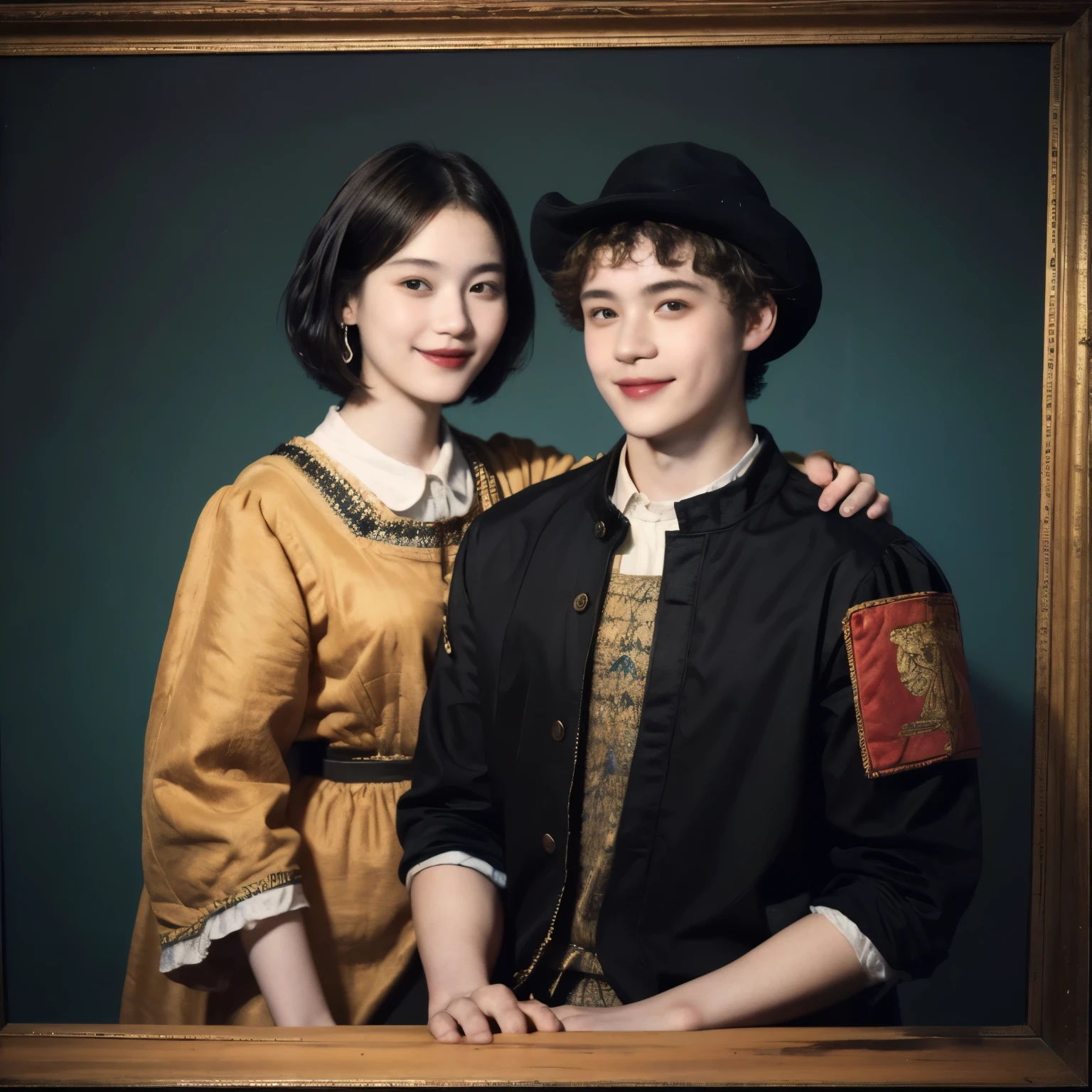 252 (An 18-year-old female and an 18-year-old male), (short hair),kind, lipstick, (Rembrandt-style painting), smile