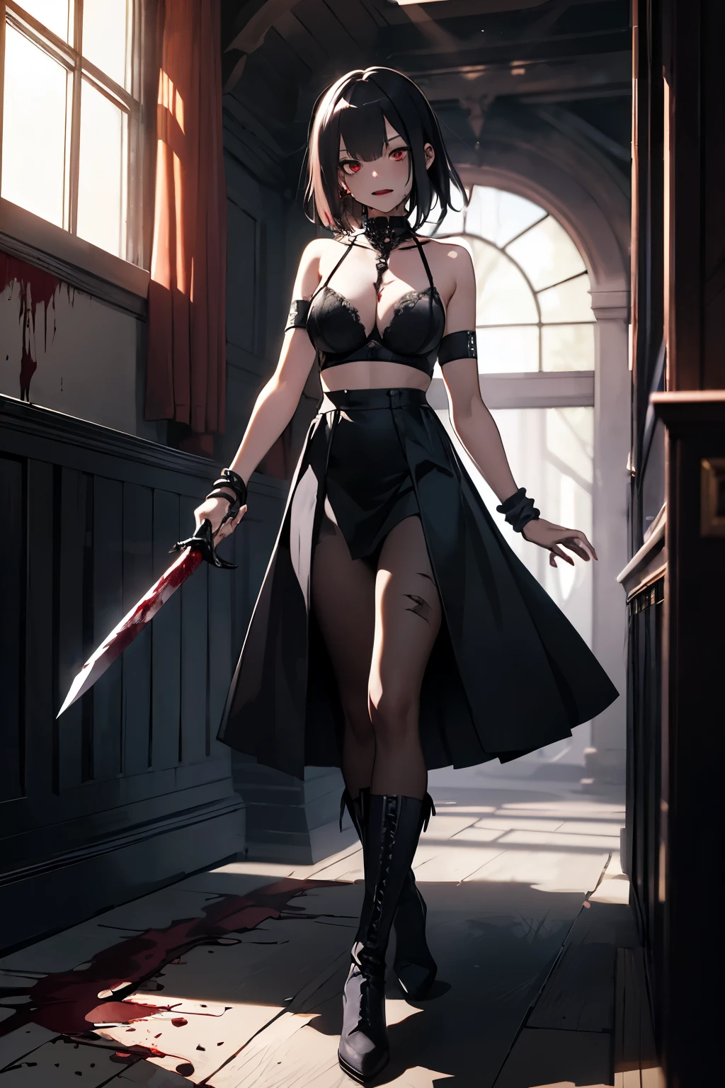 ((Best Quality)), ((Masterpiece)), (detailed), 1 girl, long bracelet, forearm bracelet, dark metallic bra, long skirt, black skirt, metal boots, semi short hair, black hair, Red eyes, blood on the skin, malevolent laughter, murderess, evil, sword.
