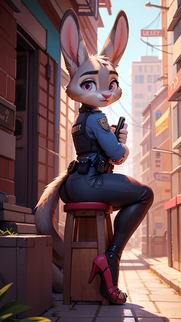 Furry female anthro, full body, 8k, film, masterpiece quality, semi realistic, high detail, big ass, short skinny police uniform, pink sandals heels, judy hopps, it's sitting,(best quality), 3d pixar style, side 1 female