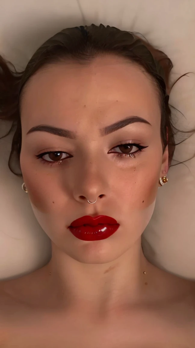 Lucia , , nude, lying, from above, angry, , in a luxury hotels, , close up , tears, tired, exhaust, crying , unhappy , red lipstick , , 