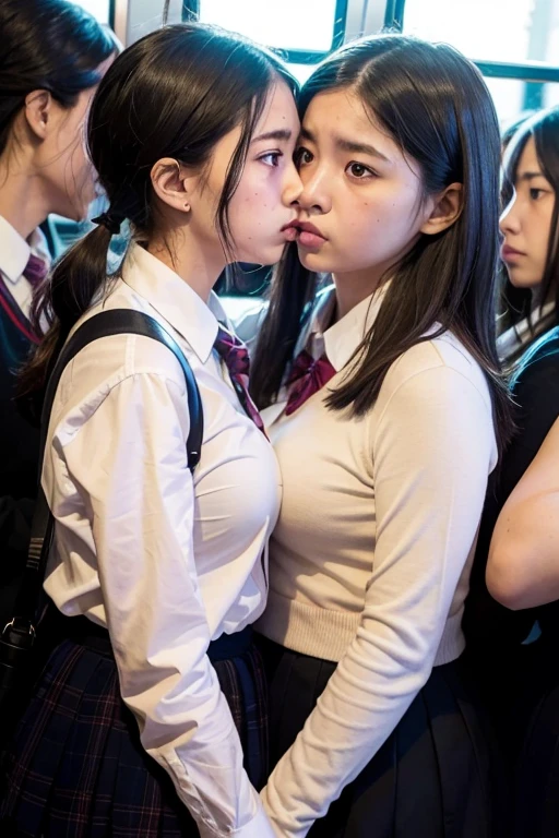 on train, schoolgirls, angry, reluctantly, hate, school ribbon, breasts press, stuffy, crush, face to face, nausea, on train