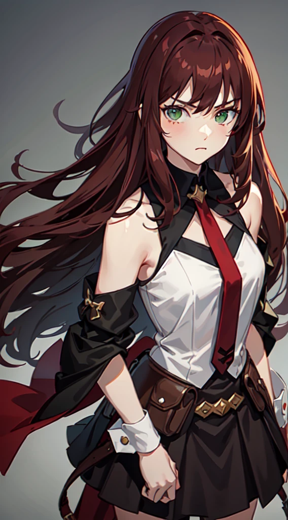 Young girl, long dark red hair, dark hair, sharp eyes, green eyes, sleeveless combat dress, bow, serious look, masterpiece, high quality