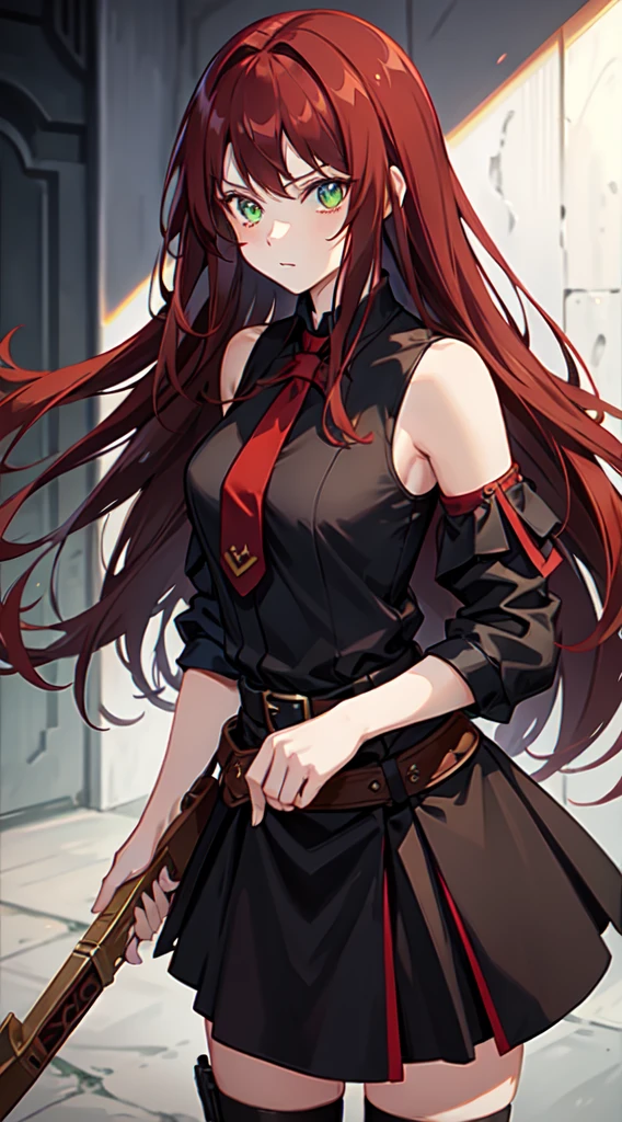 Young girl, long dark red hair, dark hair, sharp eyes, green eyes, sleeveless combat dress, bow, serious look, masterpiece, high quality