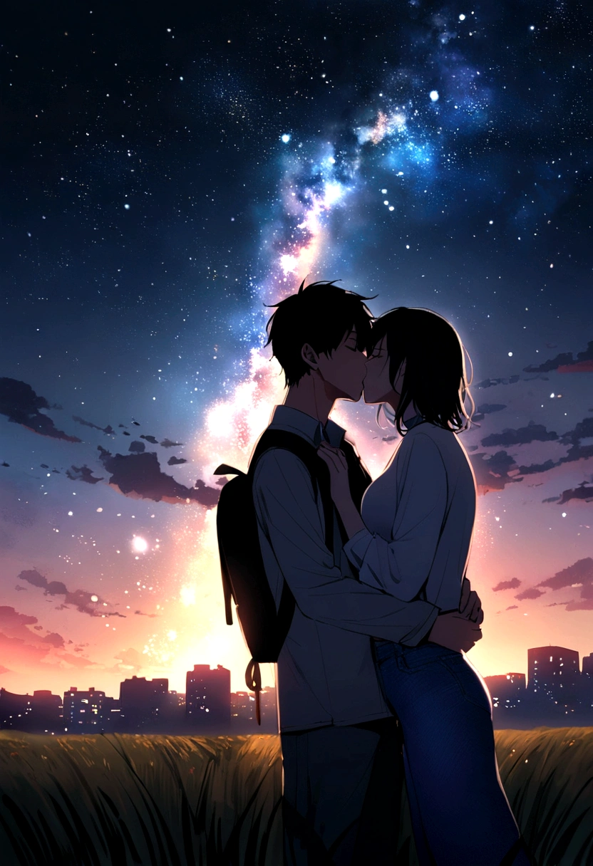 The vast starry sky, Beautiful skyline, Vast grassland, Very tense and dramatic photo, Moving visual effects, The North Star Hanging High, Colorful natural light. Long sleeve tops, Denim shorts, Girl carrying a backpack, Long sleeve shirt, Denim jeans, And a boy with a backpack, both hands, kiss, Couple, Require, 唇のkiss.