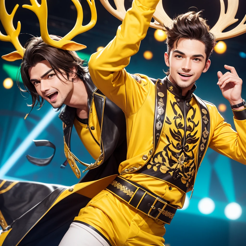 Create an image of a lively and charismatic man representing an MBTI entertainer (ESFP) type. He is wearing a bright yellow outfit that showcases his sociable and energetic nature. He has playful deer antlers growing from his head, adding a whimsical and entertaining touch to his appearance. The background should be a vibrant and festive setting that reflects his love for excitement and being the center of attention.
