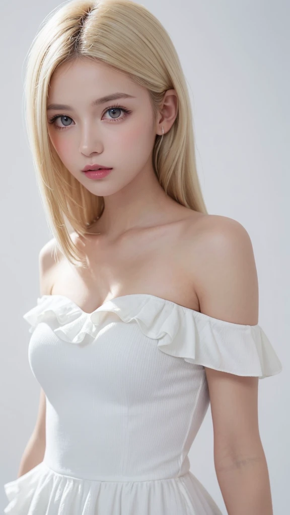 (((forehead、White Blonde Hair、Northern Europe、White people、beautiful girl、Blonde、White background、Frills、race、slit、Off the shoulder、See-through)))、table top, highest quality, figure, super detailed, finely, High resolution, 8k wallpaper, Perfect dynamic composition, detailed and beautiful eyes, Deco out,bionde, medium hair, big breasts, Natural color lip,white background, random cute poses,frill dress