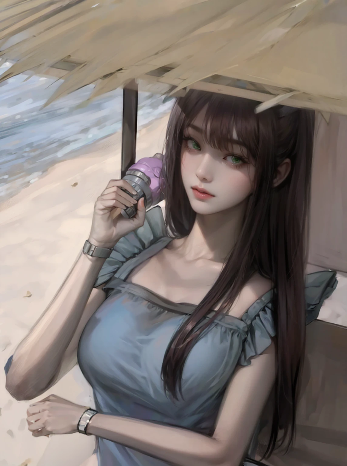 dengan kamera
green eyes, at the beach, taking shade