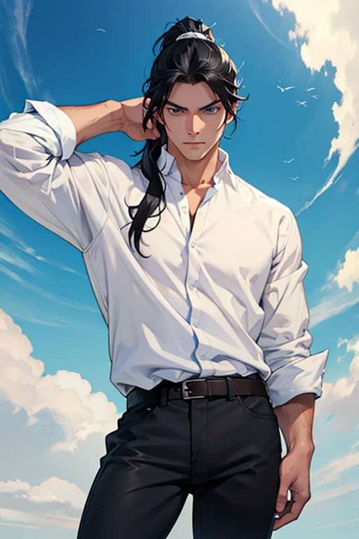 portrait, cowboy shoot, stern face, white young man, BLUE eyes, tall, white shirt, black pants, black hair, casual clothes, ponytail