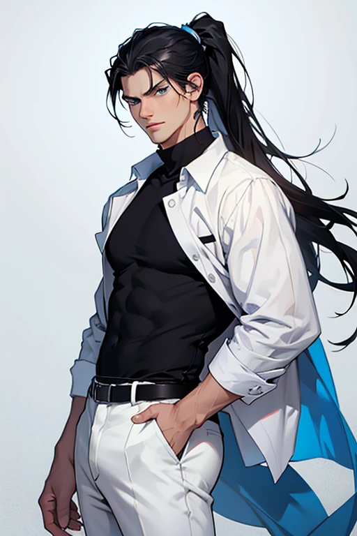 portrait, cowboy shoot, stern face, white young man, BLUE eyes, tall, white shirt, black pants, black hair, casual clothes, ponytail
