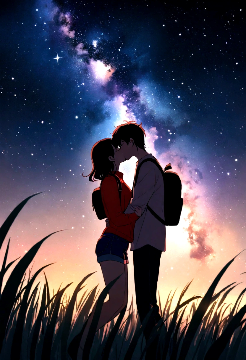 The vast starry sky, Beautiful skyline, Vast grassland, Very tense and dramatic photo, Moving visual effects, The North Star Hanging High, Colorful natural light. Long sleeve tops, Denim shorts, Girl carrying a backpack, Long sleeve shirt, Denim jeans, And a boy with a backpack, both hands, kiss, Couple, Require, 唇のkiss.