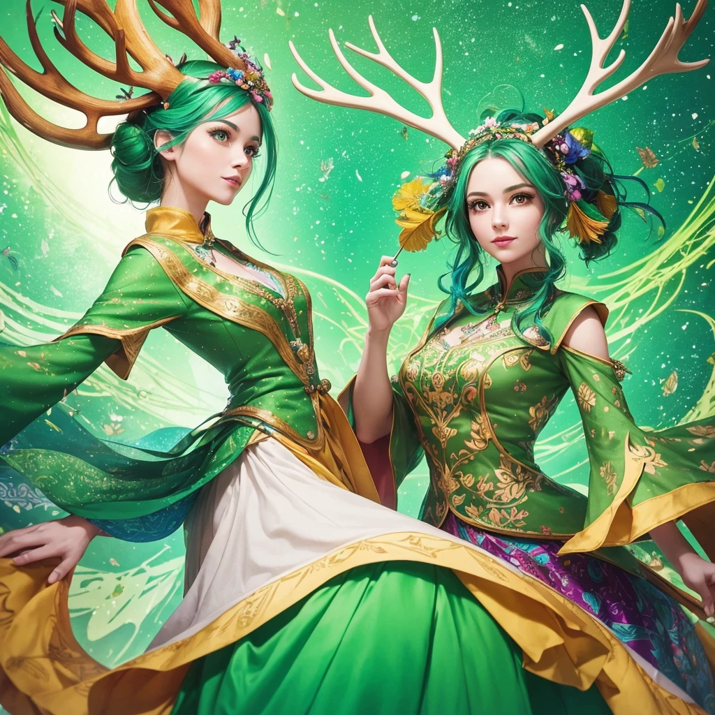 Create an image of a vibrant and creative woman representing an MBTI campaigner (ENFP) type. She is wearing a lively green outfit that highlights her enthusiasm and individuality. She has elegant deer antlers growing from her head, adding a unique and whimsical touch to her appearance. The background should be a colorful and imaginative setting that reflects her love for new experiences and her spontaneous nature.