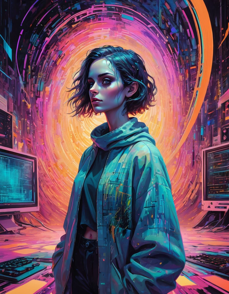 oil on canvas, muse of digital generative art, divine supernatural being, otherworldly beauty, unperturbed, in the background there is an abstract motif of digital code and glitch aesthetics., it appears from the void of diffusion, filled with photon energy, thick textured paint, neat style of writing, confusingly detailed, A true masterpiece, 8 k, HDR, bright neon colors combined with pastel tones, Minimalist, Atmosphere of the 80s, Scenic quality