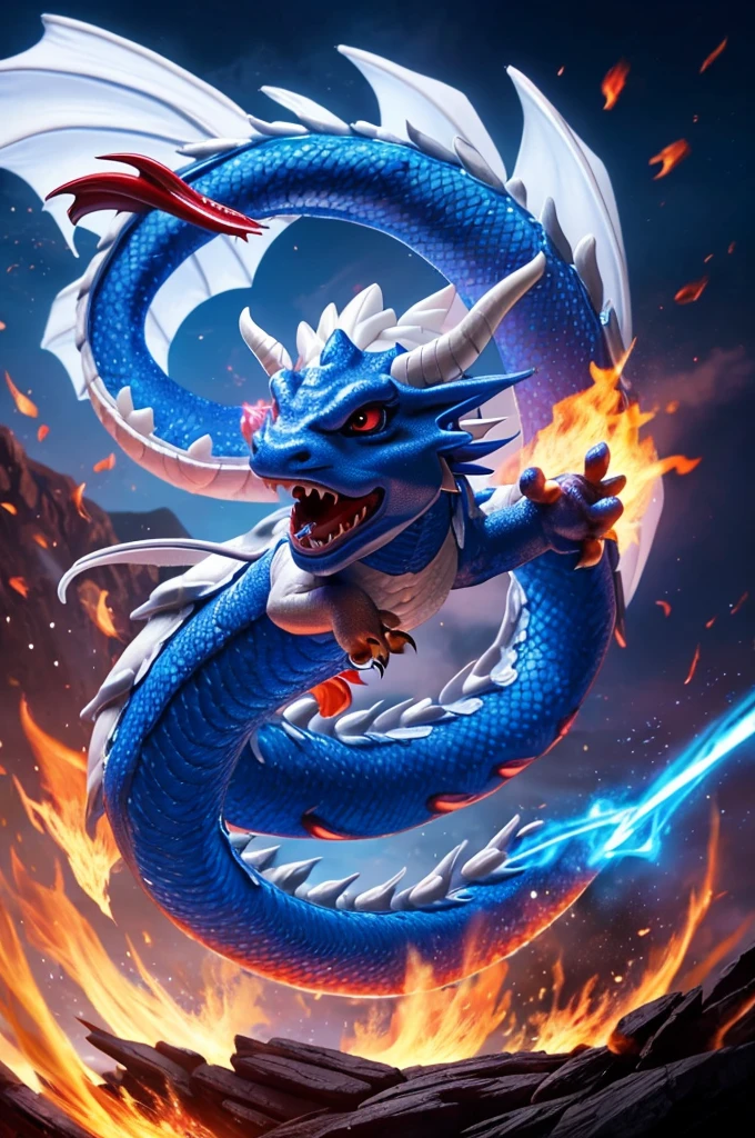 Blue white dragon, Claw, Red eyes, Masterpiece, 
Best Quality, ultra detailed, photorealistic, extremely delicate, 
(Dragon Chino:1.2), Long body, flying, 
roar, breathing flames, 
dynamic angle, intense angle, cinematic lighting,