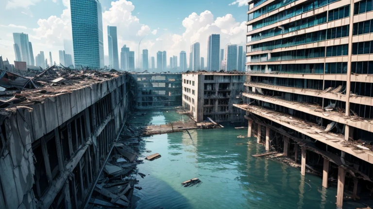 Submersion　In the water　Multi-tenant building　Seawater corroded concrete　forest　Collapsed skyscrapers　Dilapidated atmosphere　rubble　View from the rooftop　The back of a girl in a school swimsuit　lake