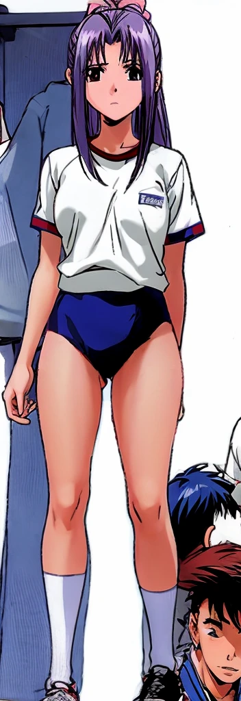 Momoko Koigakubo, a tall girl with beautiful legs, is standing with her legs spread to the sides in a white gym uniform and light navy blue bloomers that look like panties.。Momoko Koigakubo is holding a boy in a tracksuit next to her.。