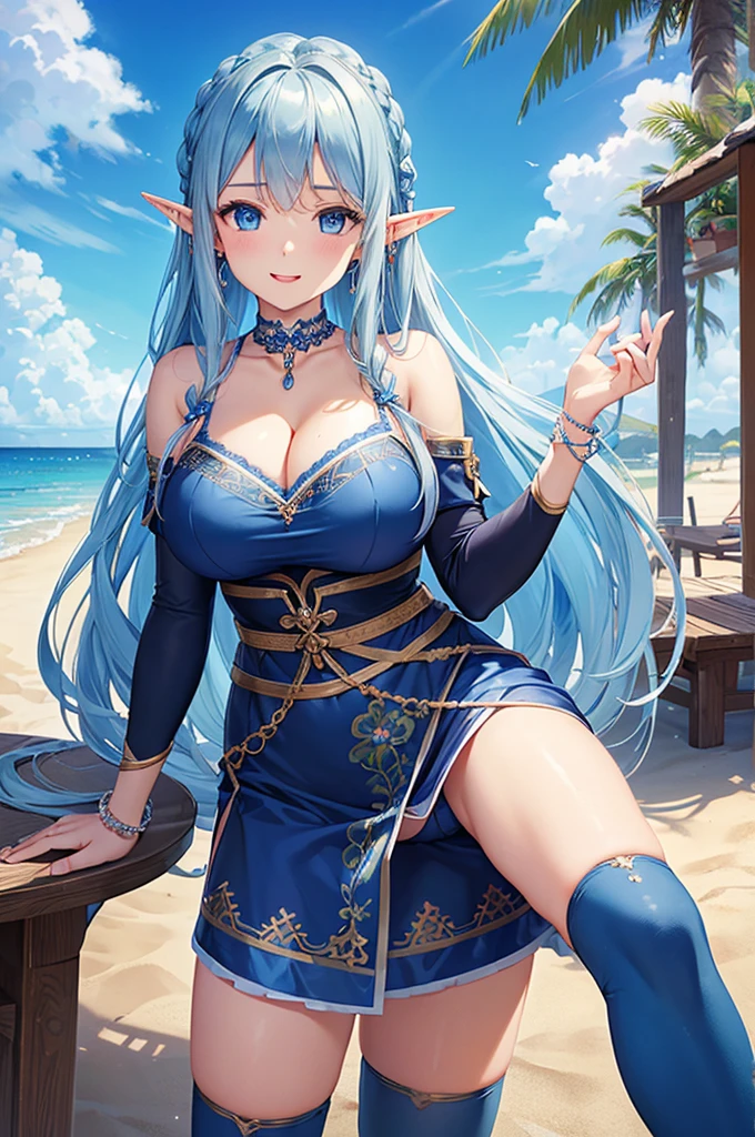 Highest quality、Highest quality、masterpiece、(8K resolution),beauty(Age 25)、(Mature Appearance)、Light blue long hair(Braiding of sides)、blue eyes、(Detailed embroidered underwear)、(Elf)、Big cleavage、((Big Breasts))、smile、blue necklace、Blue Earrings、background(Beach)、Please open your mouth wide、bracelet、Dynamic pose、Blue choker、black tights