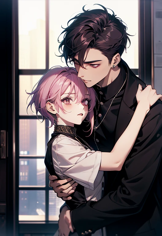 ​masterpiece, top-quality, 2Others, Male and female couples, 1 man and 1,, Adults, Height difference, different fashion, different color, finely eye and detailed face, intricate detailes, Casual clothing, Oversized shirt, Modern urban streets, Hands on back, A smile, Happiness, tenderness, high-level image quality、 beautiful male、tall、hug from behind、Trying to kiss、window、nightfall、nighttime scene、𝓡𝓸𝓶𝓪𝓷𝓽𝓲𝓬、Korean Male, Idol Photos, k pop, Professional Photos, Vampires, Korean fashion in black and white, By Fedman with a necklace, inspired by Sim Sa-jeong, androgynous vampire, :9 detailed face: 8, extra detailed face, detailed punk hair, ((asa)) baggy eyes, Seductive. Highly detailed, semi realistic anime, Vampires, hyperrealistic teen, delicate androgynous prince, imvu, short hair above the ears, Man with short hair, Woman with long hair, A man with a glaring expression and a woman with a gentle expression, With a short-haired man with bright purple hair, Woman with pretty long pink hair