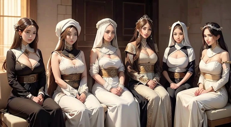(((Full and soft breasts,)))(((Huge target chest))) (((Cleavage))) (Perfect curved body)A man wearing a white headscarf、A man in Middle Eastern clothing sits on a throne,There are 6 beauties in different costumes around,Woman in Middle Eastern clothing,A woman in Hanfu,Woman in Armor,4K HD quality