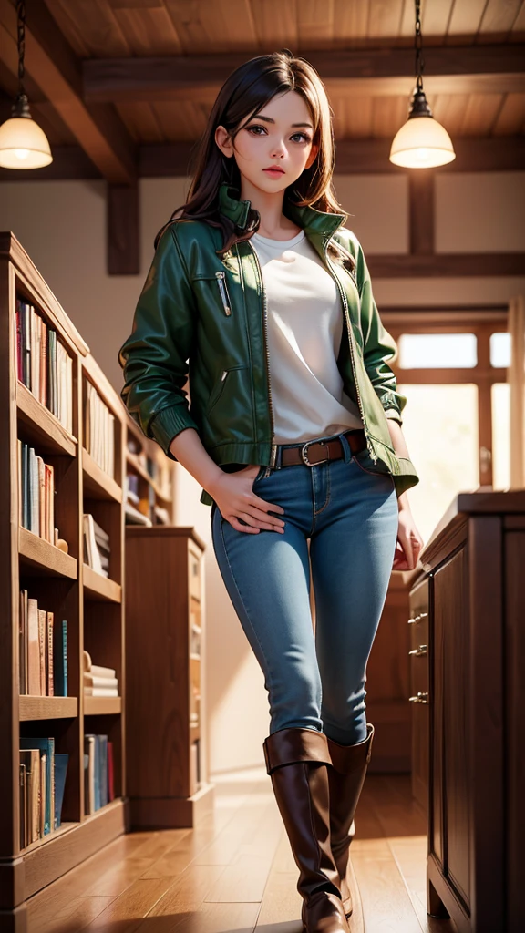 Inside the quaint bookstore, the warm light from the chandeliers illuminates rows of books. Sarah, in her green jacket over a white shirt and blue jeans, sees Mark, the kind-hearted man from the ID, arranging books on a shelf. He's wearing a brown leather jacket and black boots. (best quality, 4k, 8k, highres, masterpiece:1.2), ultra-detailed, (realistic, photorealistic, photo-realistic:1.37), indoor, soft lighting, lively atmosphere).