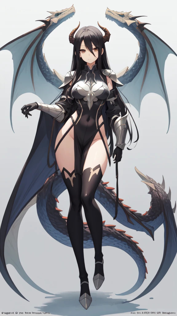 A tall anime girl. black hair, long and straight. white eyes. dragon armor. manga drawing style