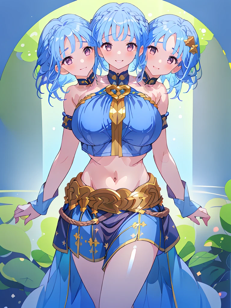 (masterpiece, best quality), best resolution, (3heads:1.5), 1girl, blue hair, long flowing hair, smiling, open belly, blue crop top, blue miniskirt, open breasts, huge tits,
