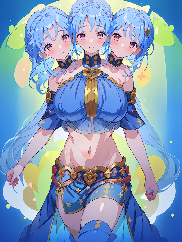 (masterpiece, best quality), best resolution, (3heads:1.5), 1girl, blue hair, long flowing hair, smiling, open belly, blue crop top, blue miniskirt, open breasts, huge tits,
