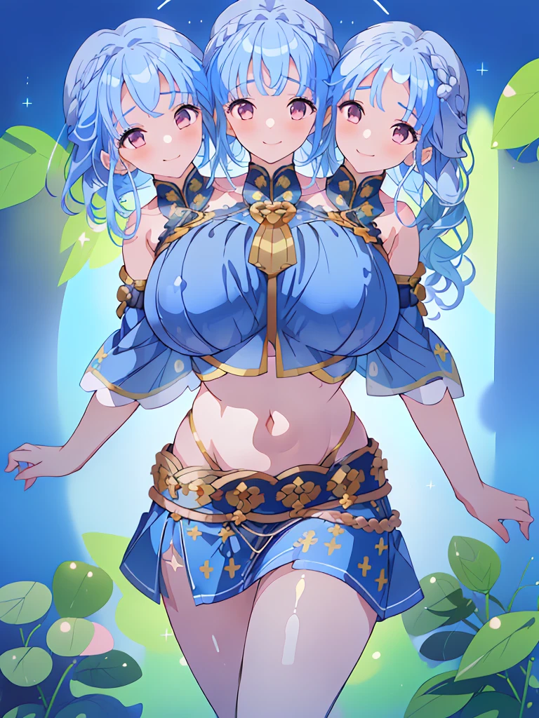 (masterpiece, best quality), best resolution, (3heads:1.5), 1girl, blue hair, long flowing hair, smiling, open belly, blue crop top, blue miniskirt, open breasts, huge tits,
