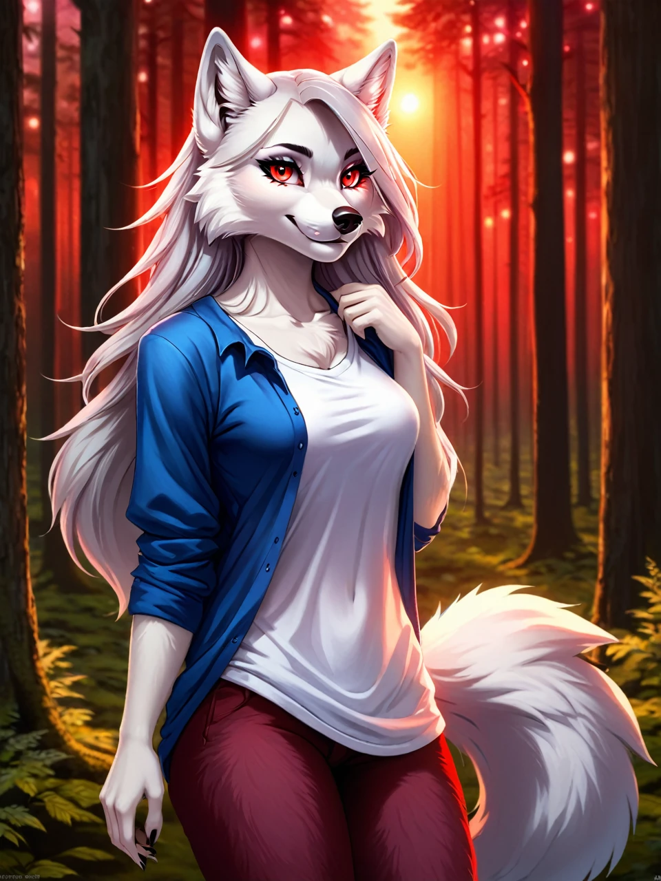 Posing, Female, 30 years old, cute, eyeliner, long hair, biting lip smile, blue shirt, bedroom eyes, anthro, wolf ears, (white fur:1.5), baggy shirt, wolf, forest background, 8k, hi res, (best quality, masterpiece), red glowing eyes, (wolf tail:1.5), (detailed fur:2.0)