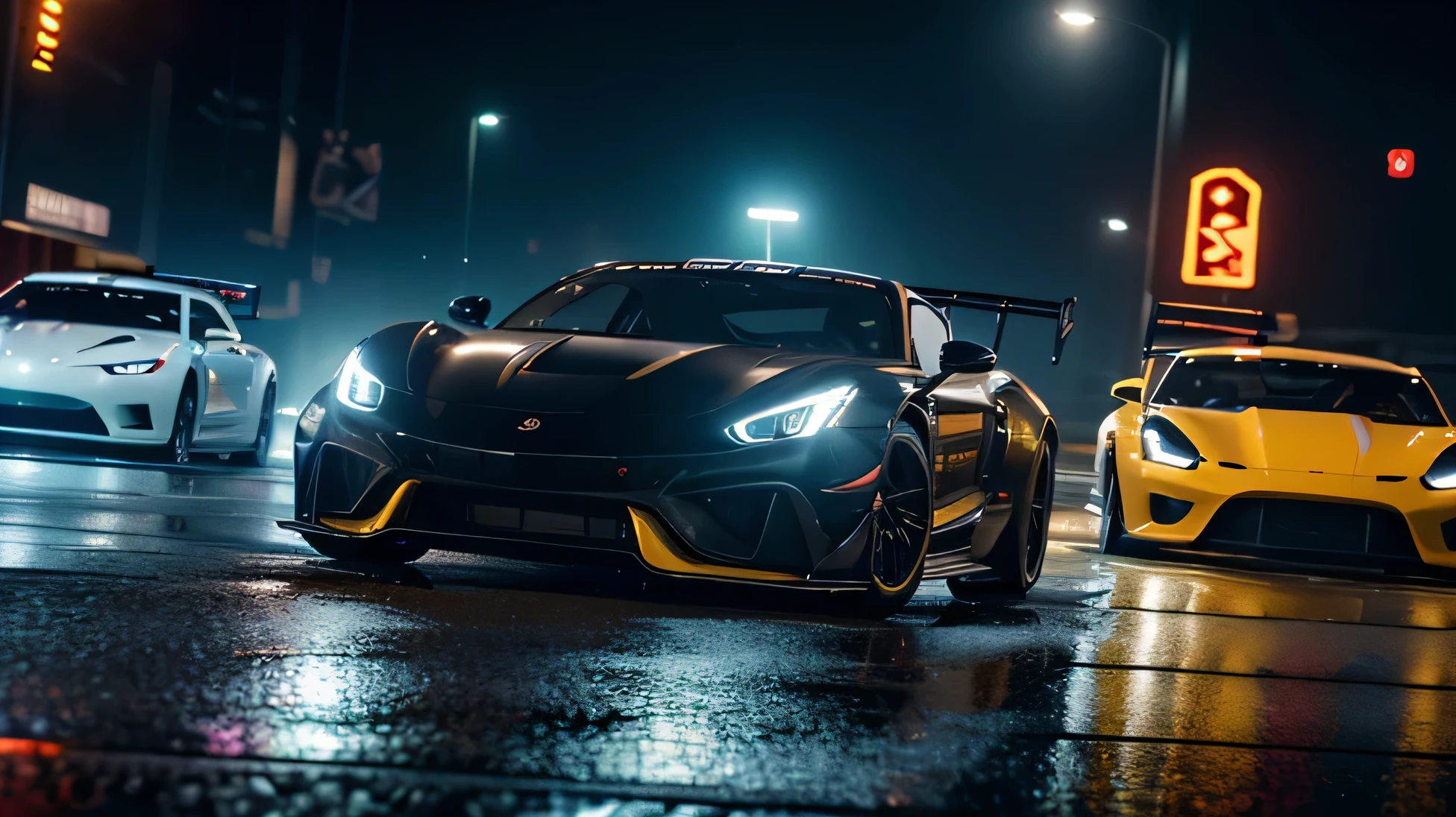 (best quality,4k,8k,highres,masterpiece:1.2),ultra-detailed,(realistic,photorealistic,photo-realistic:1.37),two luxury sports cars racing at high speed on a night city street,fast motion blur,dynamic action pose,dramatic lighting,neon city lights,wet asphalt road,cinematic atmosphere,intense competition,adrenaline,speed,power