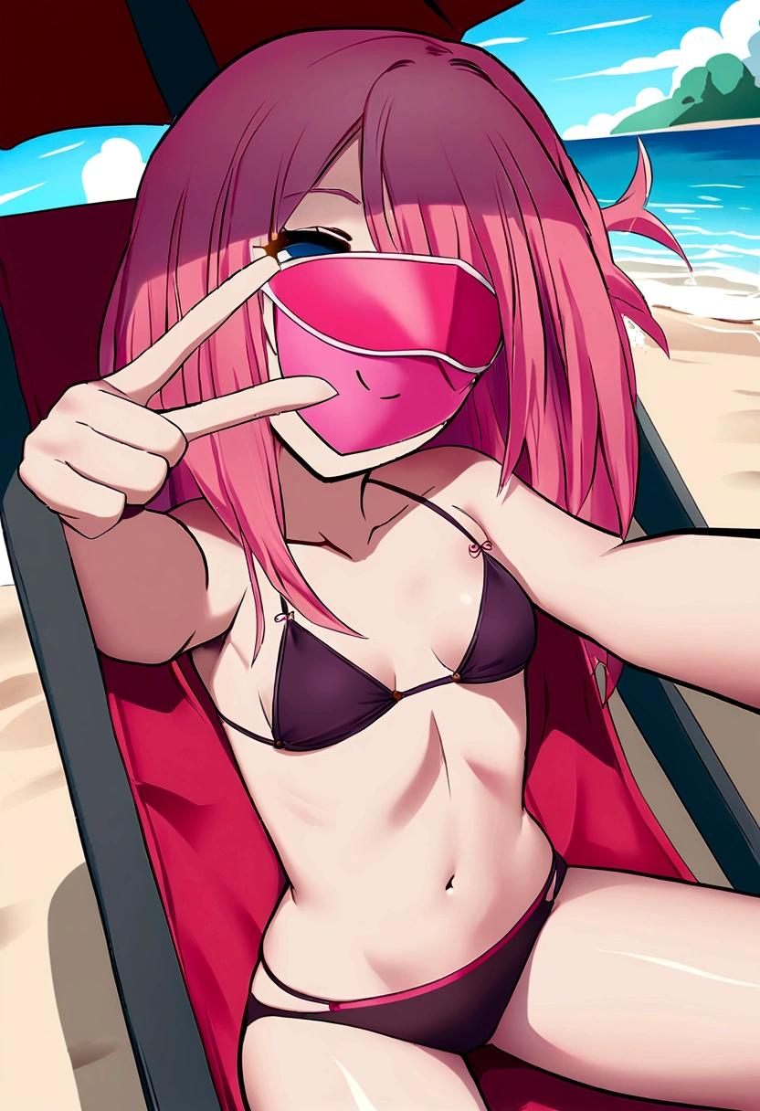 Clash of Clans video game style art, White skinned girl, turquoise eyes, abundant pink hair, ((pink mask that covers around your eyes, only the eyes)), selfie and bikini, cheered up, color, small breasts, lying on beach chair, beach background, sexy, SMILE.