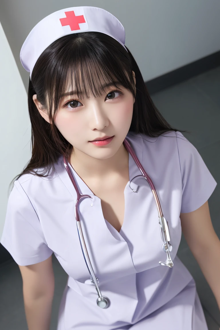 Highest quality, (Beautiful nurse:1.2)、Upper Body、Shoot from above、Show your 、Nipples