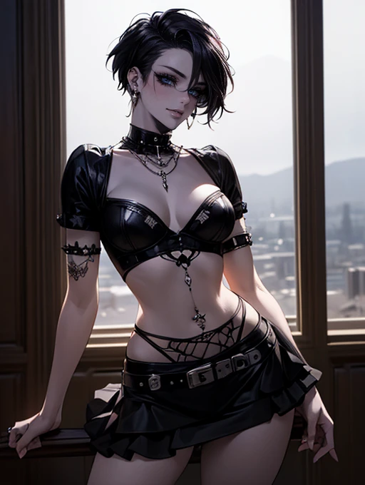 (masterpiece:1.2, highest quality), (realistic, photorealistic:1.4), beautiful illustrations, (natural side lighting, movie lighting), 
looking at the viewer, Upper body, (Front view), 1 girl, perfect face, Cute symmetrical face, shiny skin, baby face, long eyelash, (), (wide :1.5),short cut hair,
beautiful hair, beautiful face, detailed and beautiful eyes, beautiful body, beautiful , beautiful thighs, beautiful feet, beautiful fingers,
(beautiful scenery),(cute smile:1.3, upper eye), 18yo,pale skin,a woman in black corset and goth hair, with piercings, 1girl, solo, black hair, short hair, ring,(pierce:1.5),(punk style:1.5),(gothic dress),(black lips:1.7),side layered skirt,black bra,(gulp down blood from one's mouth:1.2)